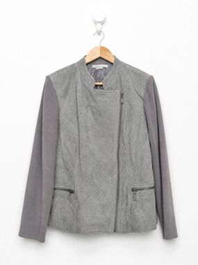 Quilted Suede Moto Jacket - Grey Knit Sleeves - Minimalist - Size L